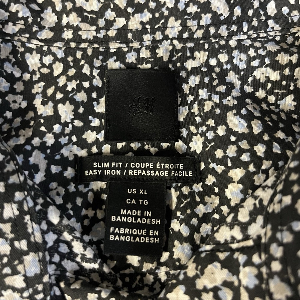 H&M Button Down Shirt Mens XL Black Splatter Floral Slim Easy Iron Long Sleeve - Picture 3 of 5